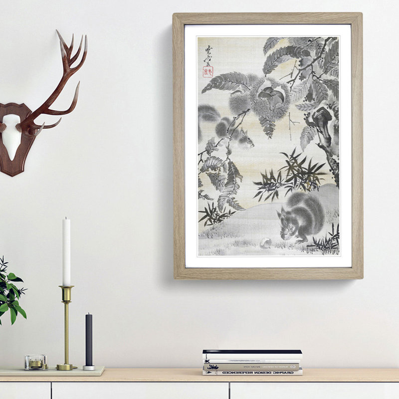 Squirrels Gathering Chestnuts by Kawanabe Kyosai - Picture Frame Painting Print, Oak Framed, 36cm H x 27cm W x 2cm D