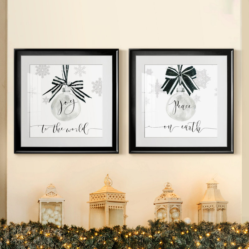 " Joy Ornament " 2 - Pieces, 18.5" H x 18.5" W x 1" D, Black Framed Paper, White