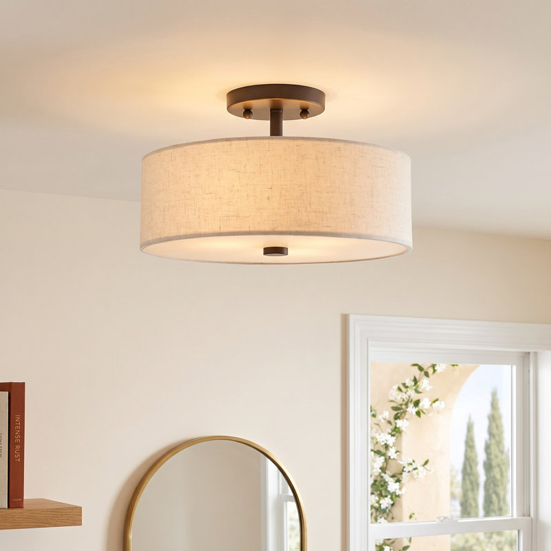 Flaire Fabric Semi Flush Mount, English Bronze, 7.5" H x 13" W x 13" D