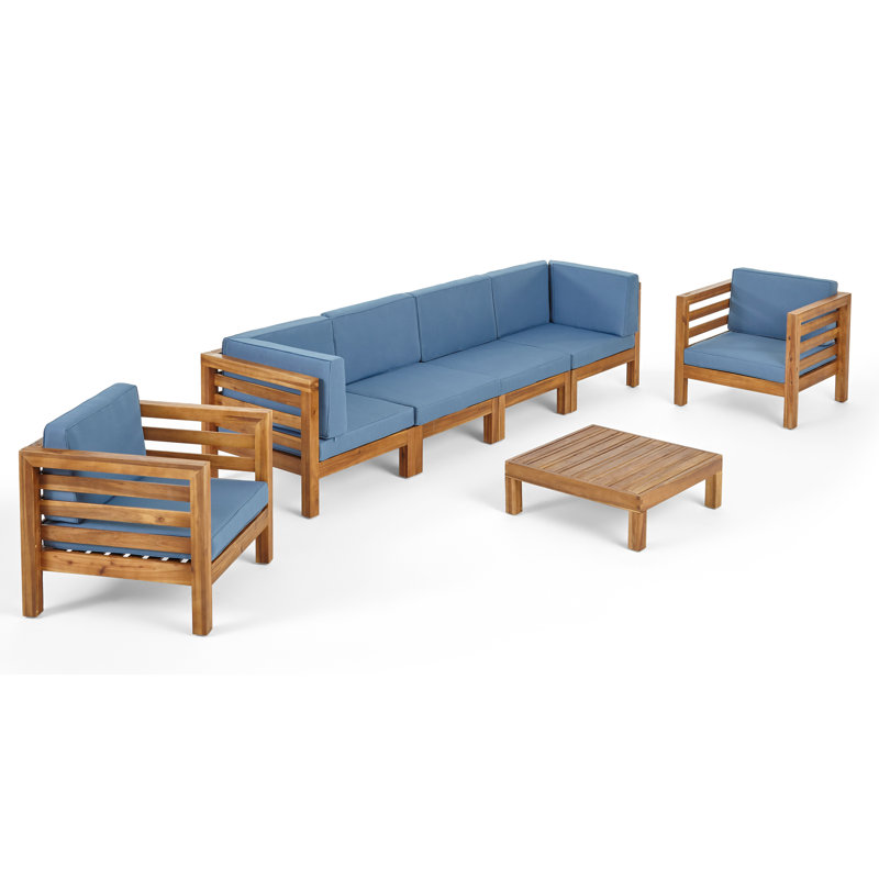 Maher Acacia 6 - Person Patio Conversation Set with Cushions, Teak Frame / Blue Cushion