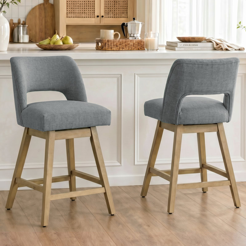 Bisto  360° Swivel Bar Stools with Solid Wood Frame, Polyester Gray, Light Oak Finish