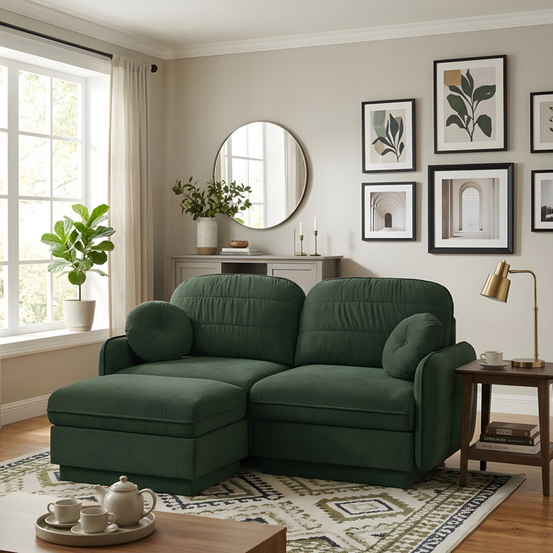 Canapé en L avec assise profonde et repose-pieds amovible, Green Chenille, H 37,4 po x l 73,2 po x P 57,8 po