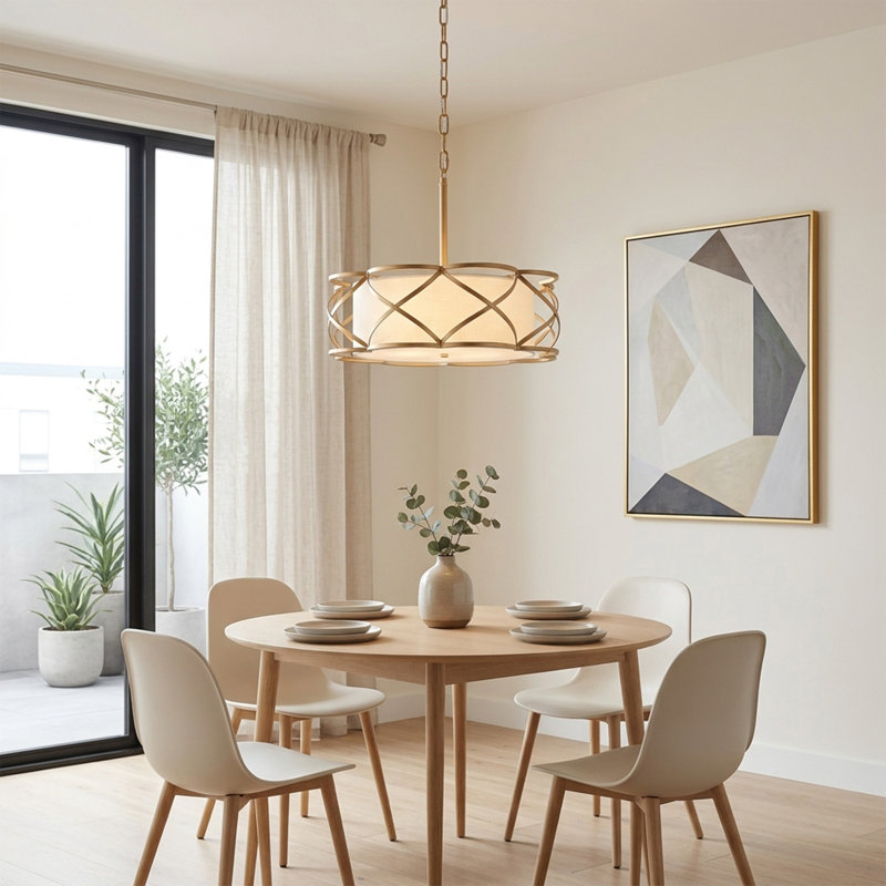 3 - Light Dimmable Drum Chandelier, Gold