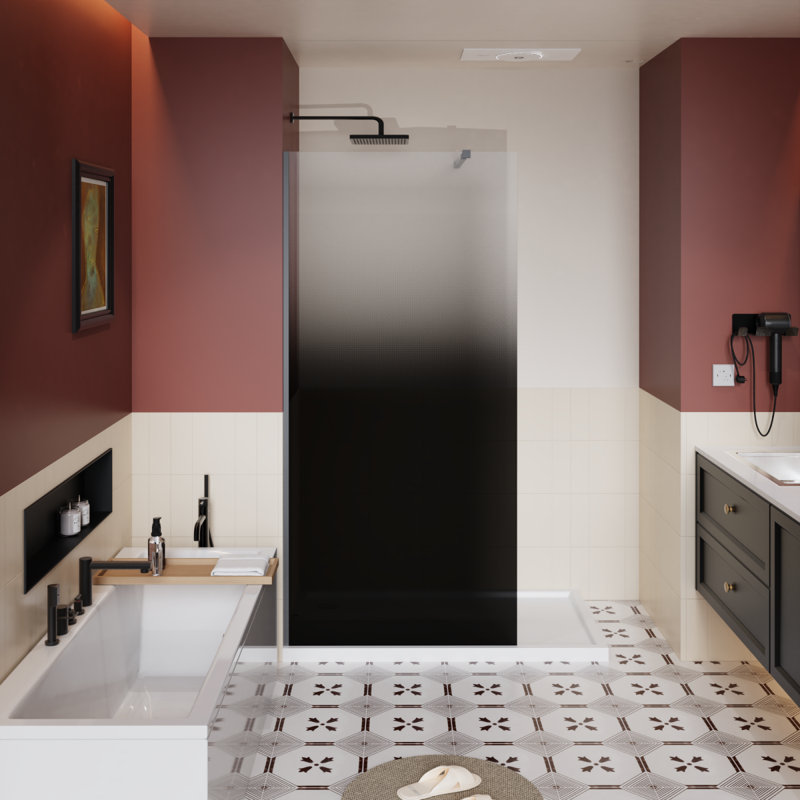 34.In W X 72.In H Shower Door Fixed, 1/4 Inch Thick Black Gradient Tempered Glass Shower Door With Stainless Steel Rod For Walkin Shower, Black