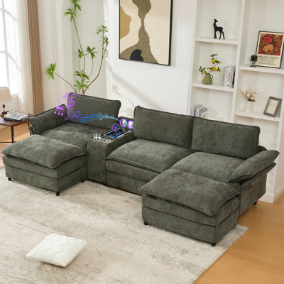 Canapé modulaire en U en forme de U, console de rangement et recharge sans fil, 2 porte-gobelets, haut-parleurs Bluetooth, 2 repose-pieds mobiles, main courante réglable, siège mobile, chenille, vert