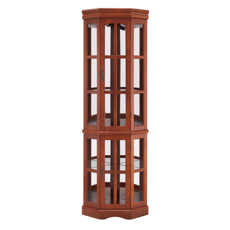 Vitrine de coin en noyer avec 5 tablettes et éclairage à corrosion, Noyer