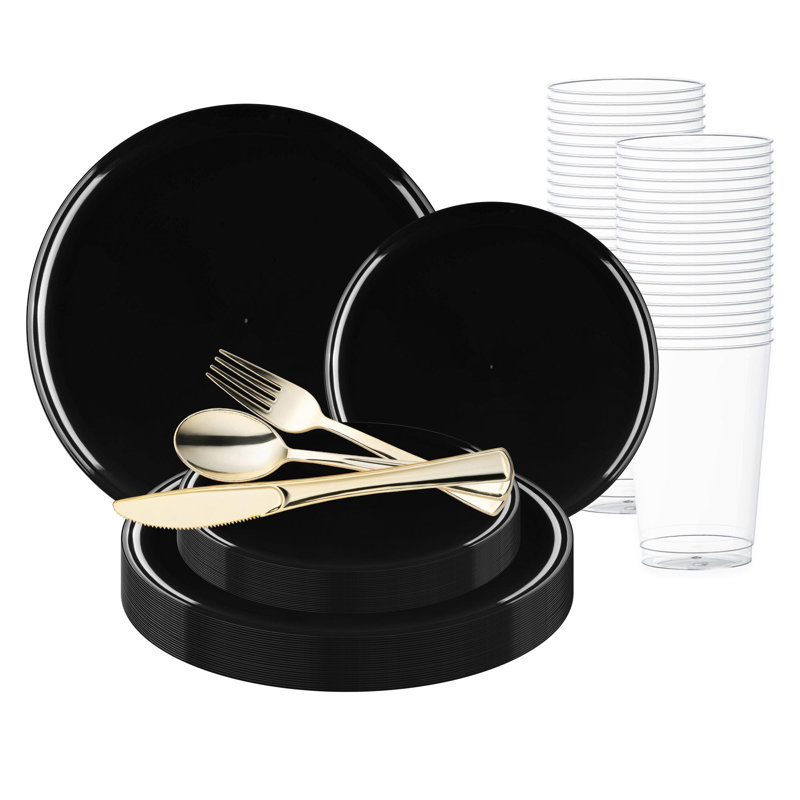 Black Flat Round Disposable Plastic Wedding Value Set - 60 Settings
