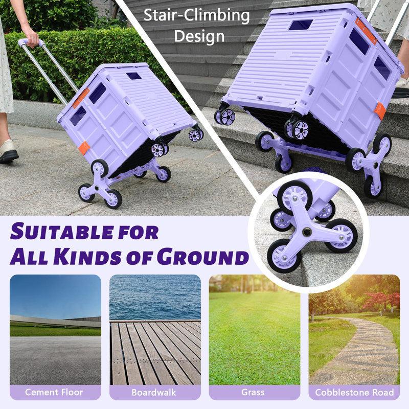 Foldable Utility Cart Collapsible Crate Rolling Carts With Stair Climbing Wheels Rolling Tote Basket Teacher Cart With Lid Wear-Resistant 360°Rotate Wheel Noiseless