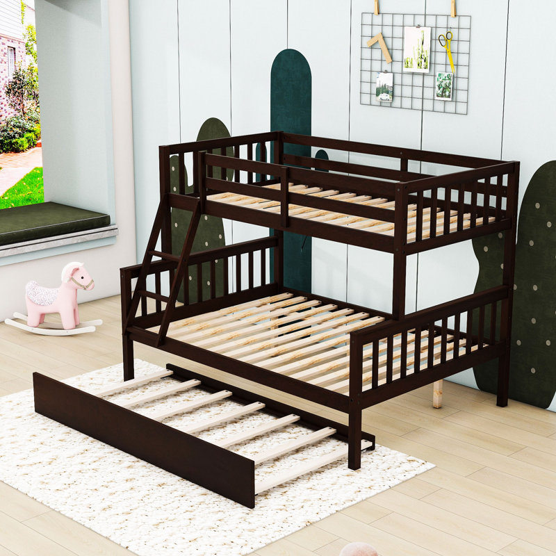 Twin Over Full Wood Bunk Bed With Twin Trundle, Built-In Ladder And Guardrail, Espresso