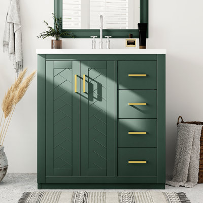 Meuble-lavabo de 30 po avec cadre en bois massif, charnières, planches, rangement spacieux pour tous les articles, style rétro et produits uniques à motif de rainures,