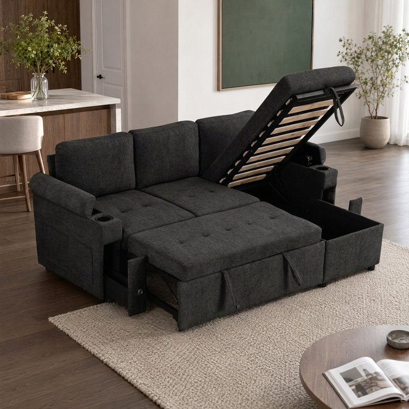 Chenille Fabric L-Shaped Sofa With Built-In Storage, USB Charging Ports, And Convertible Sofa Bed, Black Chenille