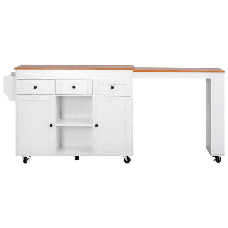 85.5" Kitchen Island with Extendable Dining Table, Kitchen Storage Table with 3 Side Open Shelves, Rolling Kitchen Island with Power Outlet, 3 Drawers, 2 Doors
