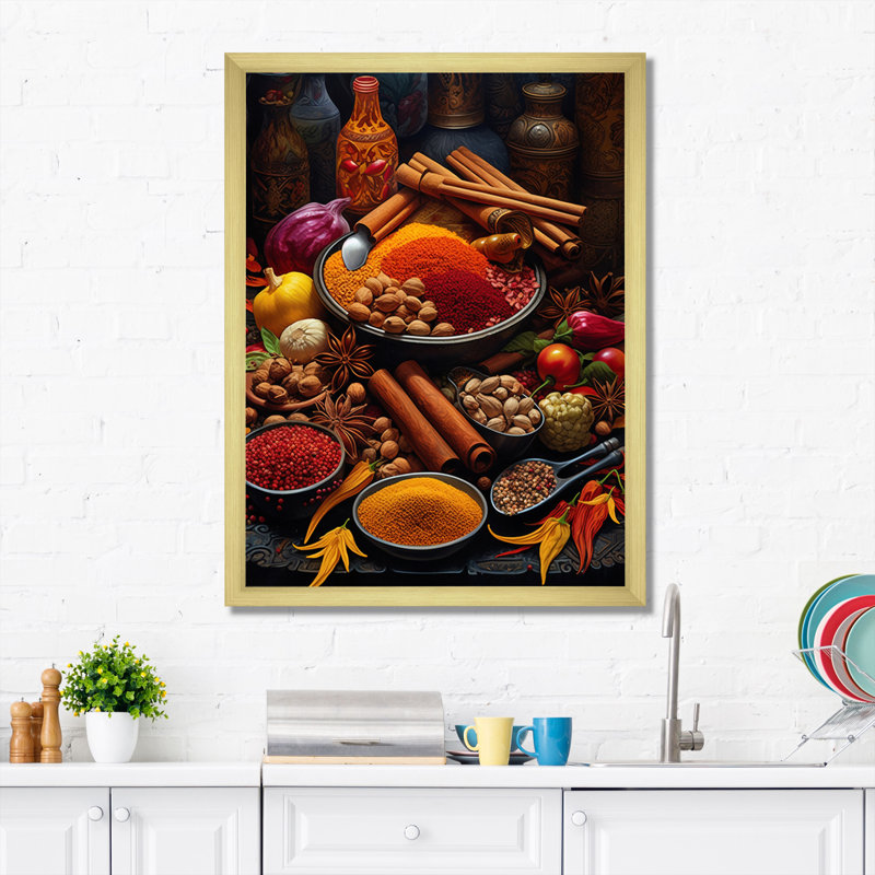 Épices alimentaires exotiques - Art mural alimentaire, Encadrement doré, H 32 po x l 16 po x P 1 po