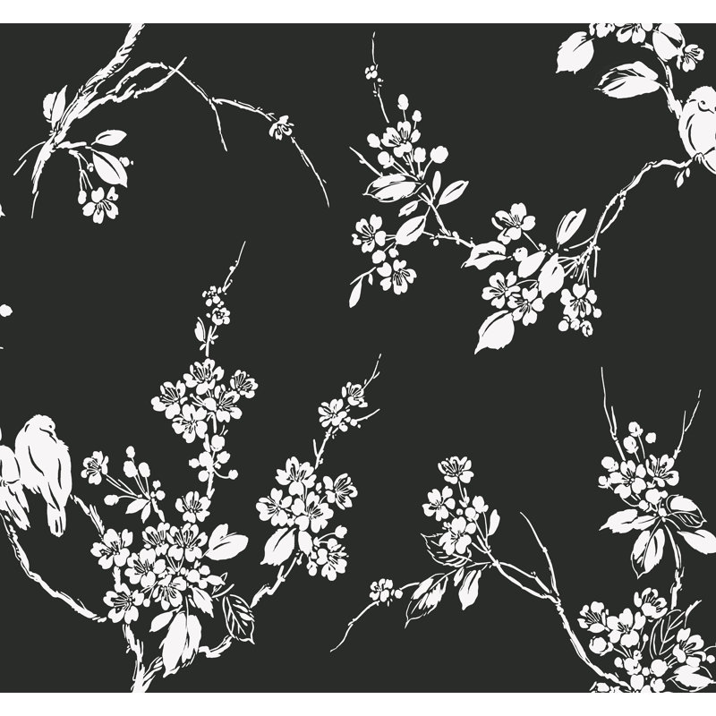 Rouleau de papier peint l 27 po x l 27 po kerman imperial blossoms branch, Noir / blanc