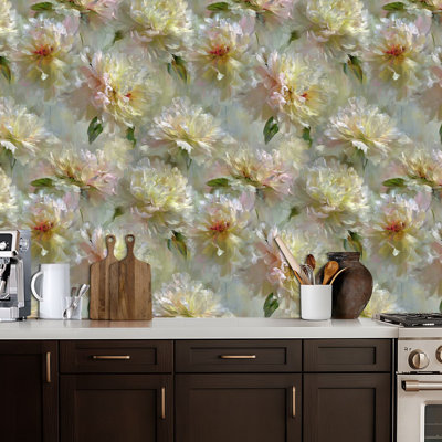 Papier peint adhésif auto-adhésif à motif de pivoines pastel doux, crème, rose, crème, fleurs, contact mural amovible pour armoires de cuisine de chambre à coucher 17,7 po x 118 po