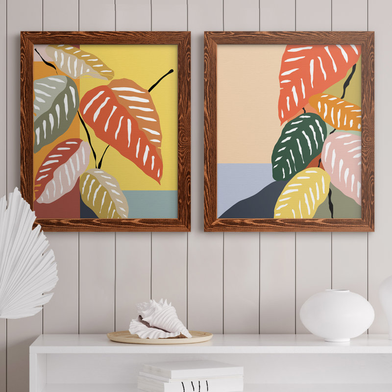 Plante tropicale I - ensemble de 2 peintures sur toile encadrées, Encadré de bois de noyer, H 24 po x l 36 po x P 1,5 po