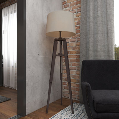 Wood Tripod Room Floor Lamp with Cream Linen Shade
