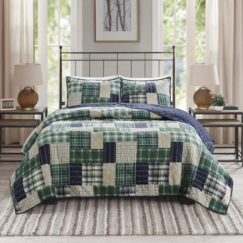 Ensemble de courtepointe réversible imprimée 3 pièces vert / bleu marine / grand
