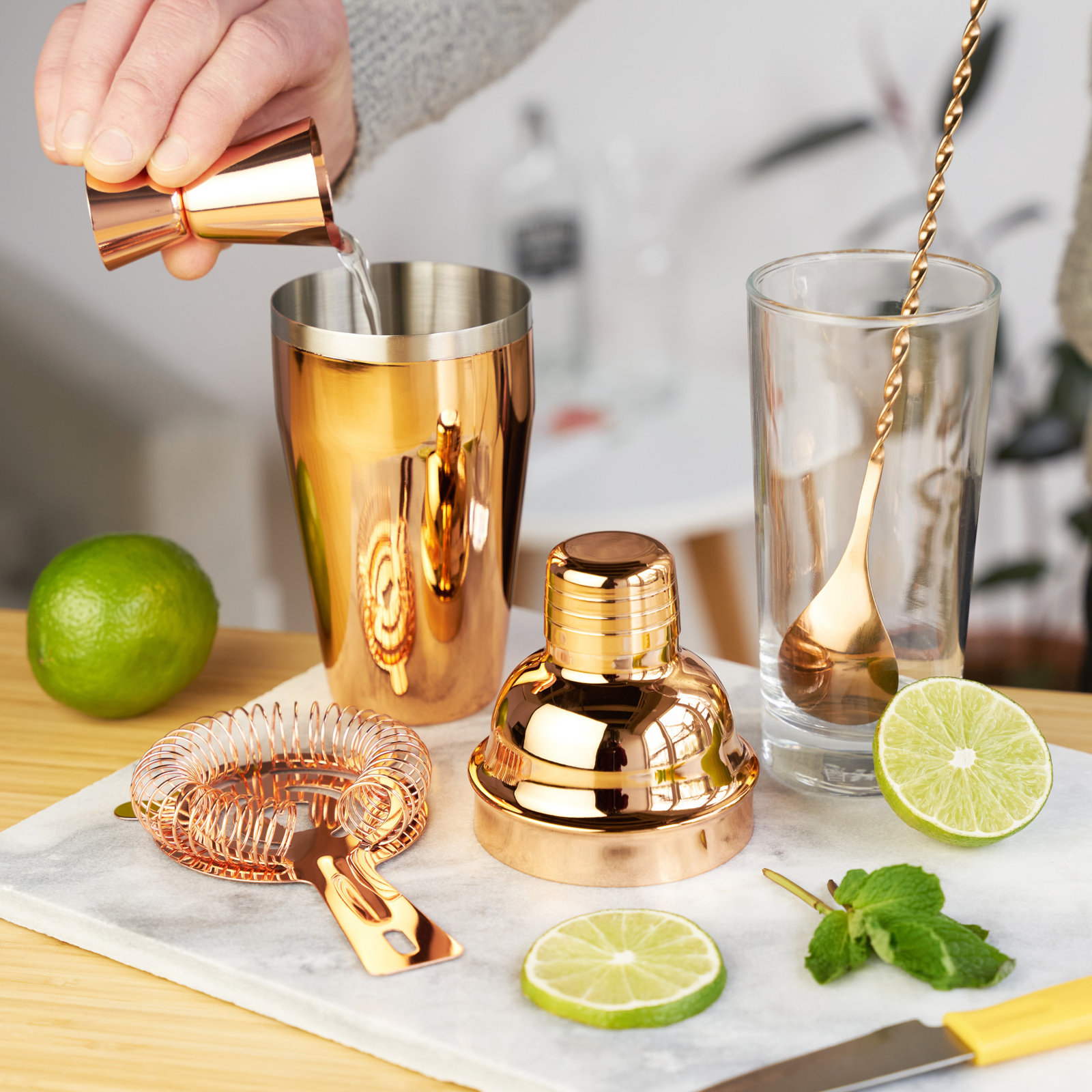 True Stainless Steel Barware Set Includes Cocktail Shaker, Spoon, Jigger, Hawthorne Strainer, Drink, Copper