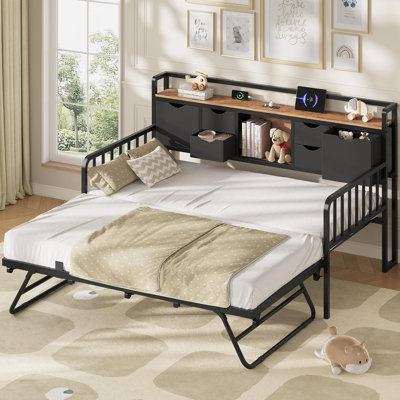 Daybed With Trundle, Twin Day Bed With Storage Headboard & Charging Station, Height Adjustable Metal Trundle Bed Twin, Sofa Bed Frame For Living Room by Ivy Bronx