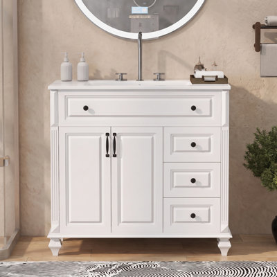Meuble-lavabo simple autoportant en bois massif de 91 cm (36 po) avec lavabo, meuble bas avec tiroir abattant, 3 tiroirs et 2 portes, poignées en métal