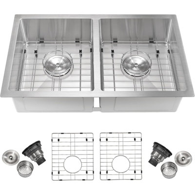 36" x 19" x 10" 304 Stainless Steel Undermount Kitchen Sink, Double Bowl Sink with 2.0mm Rim, 1.0mm Bowl, Brushed Finish, Bottom Grates & Drain Kit