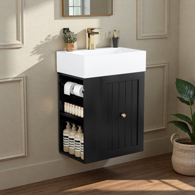 20-Inch Bathroom Vanity With Ceramic Sink, MDF Storage Cabinet With Drawer, Side Shelf & Silver Handle – Space-Saving Modern Vanity For Small Bathrooms