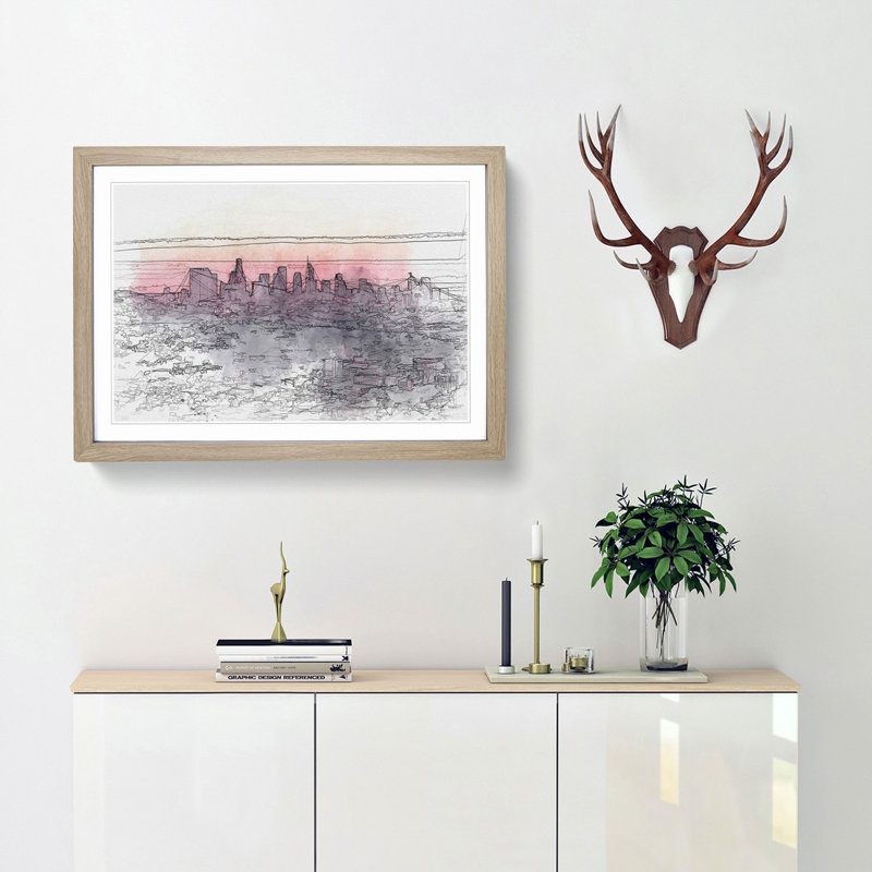 Los Angeles Skyline in the Morning in Abstract - Picture Frame Graphic Art Print, 60cm H x 91cm W x 2cm D, Oak