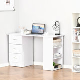 47" Modern Home Office Computer Desk Bookcase Combo Writing Table Workstation With 3 Drawer And Storage Shelf - White