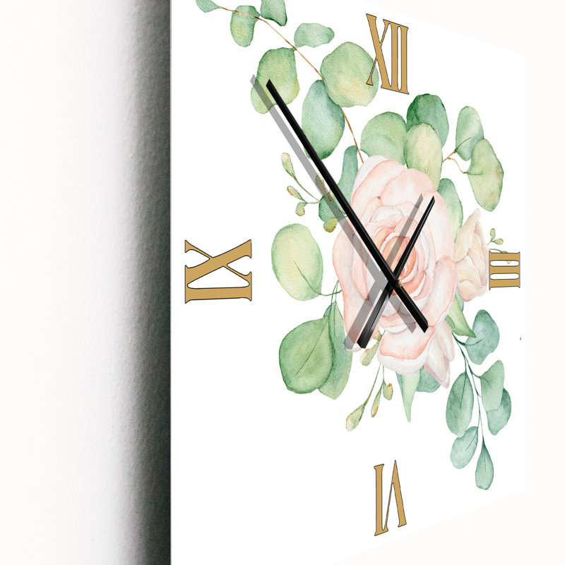 Horloge murale roses avec fleurs et feuilles d'eucalyptus, Grand
