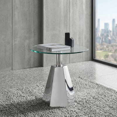 Sumdeal Modern Round Glass Side Table with Geometric Stainless Steel Base - 19.7" (50cm) Accent End Table for Living Room & Bedroom - Tempered Glass Top, Tool-Free Assembly (Silver/Chrome)