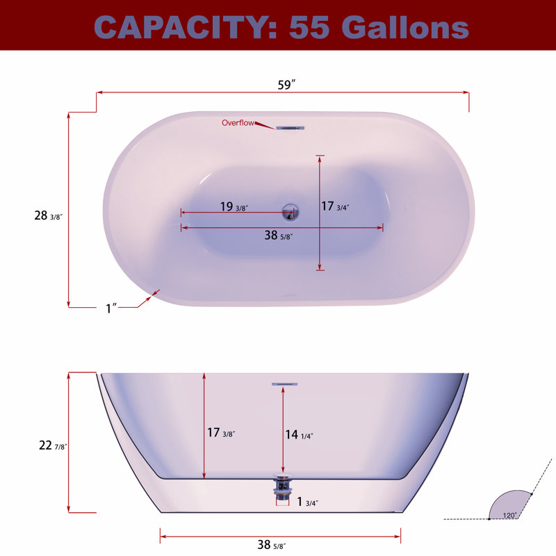 60.1'' x 28.81'' Soaking Acrylic Bathtub