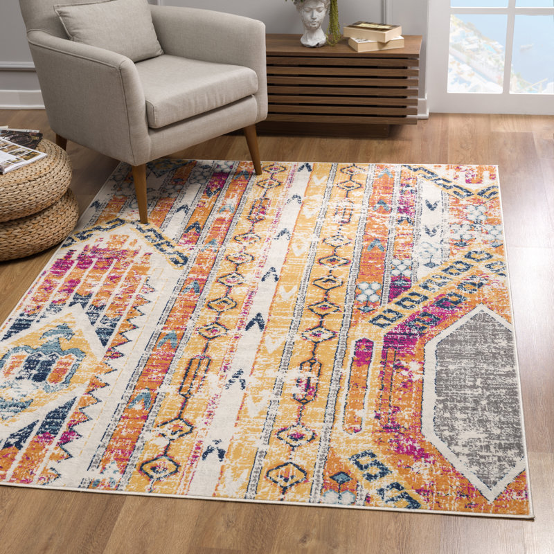 Tapis jaune à motif abstrait Kymiere, Rectangle 9 pi 2 po x 12 pi 5 po