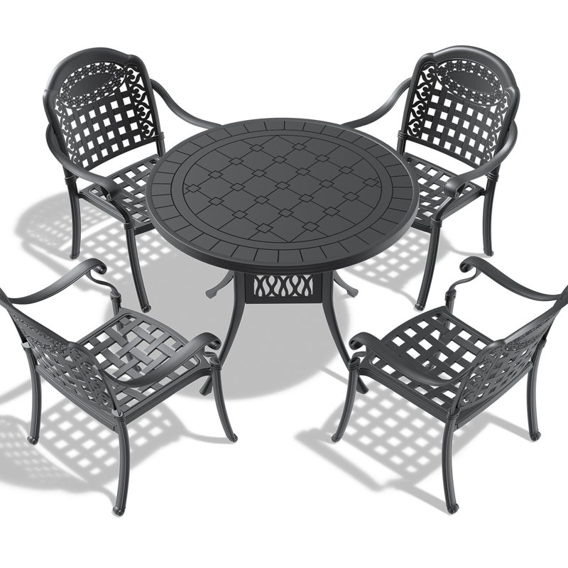 Patio en fonte d'aluminium avec coussins - 5 pièces, noir, 4, antirouille, résistant aux intempéries, tous les outils inclus 5 meubles noirs et table empilable