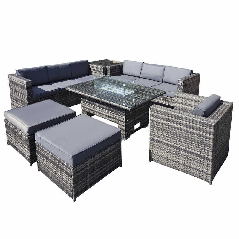 Malta Rattan 9 Seat Rising Firepit Corner Set in Grey Walnut with 2 Footstools