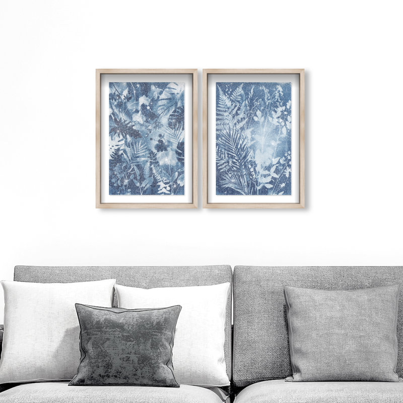 Blue Folliage Set Shadowbox Floral & Botanical Print by Oliver Gal, Black Frame, 10 x 15, 17"H x 25"W, Natural Oak Shadowbox