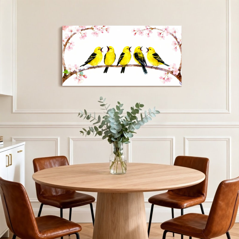 Animaux, cinq oiseaux jaunes sur une branche de cerisier en fleurs, H 20 po x l 40 po