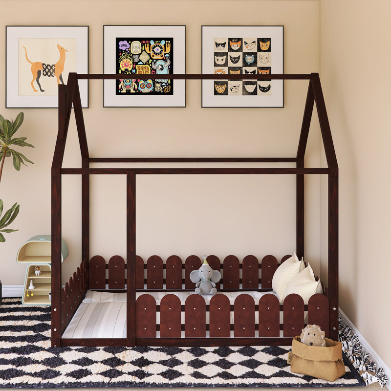 Wood Bed House Bed Frame With Fence, Espresso , Full