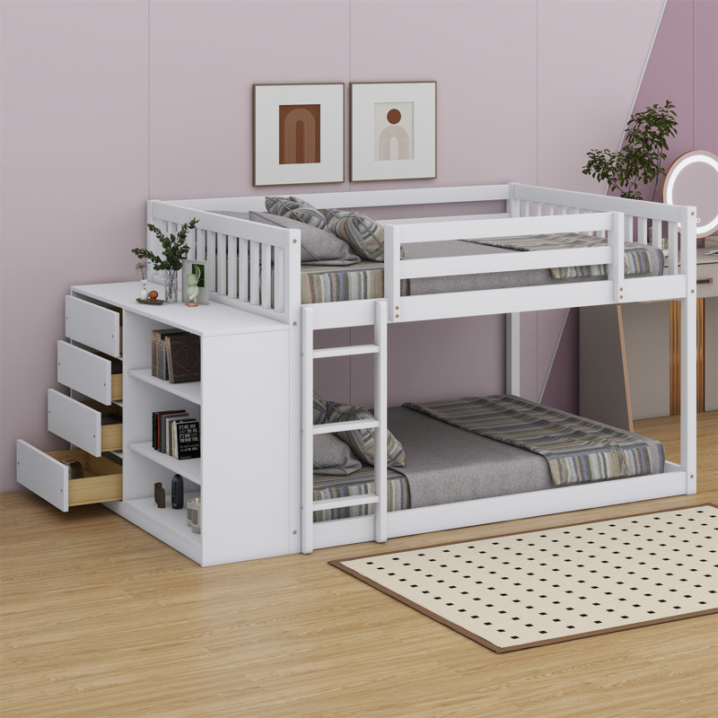 Lit superposé avec 4 tiroirs et 3 tablettes, Simple sur simple, Blanc
