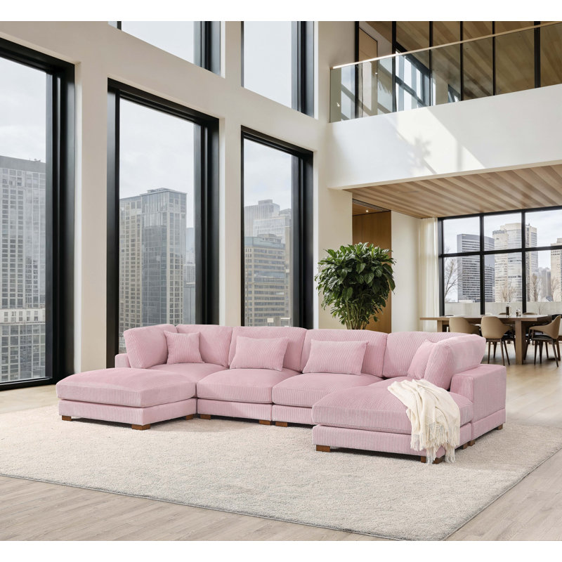 Andreco 144" Wide Reversible Modular Corner Sectional with Ottoman, Pink Corduroy