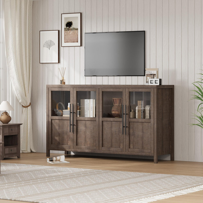 Buffet naturel de 55 pouces avec 4 portes vitrées - Présentoir pour café. Bar à vin. Cuisine. Salle à manger ou salon