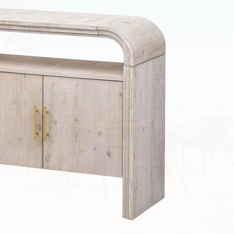 4-door Elegant Console Table With Natural Embossed Texture, Curved Edge And Metal Handles, Natural Wood