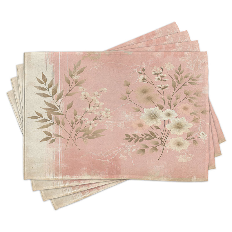 Blush and Dark Mustard Floral Polyester Rectangle Placemats, Set of 4