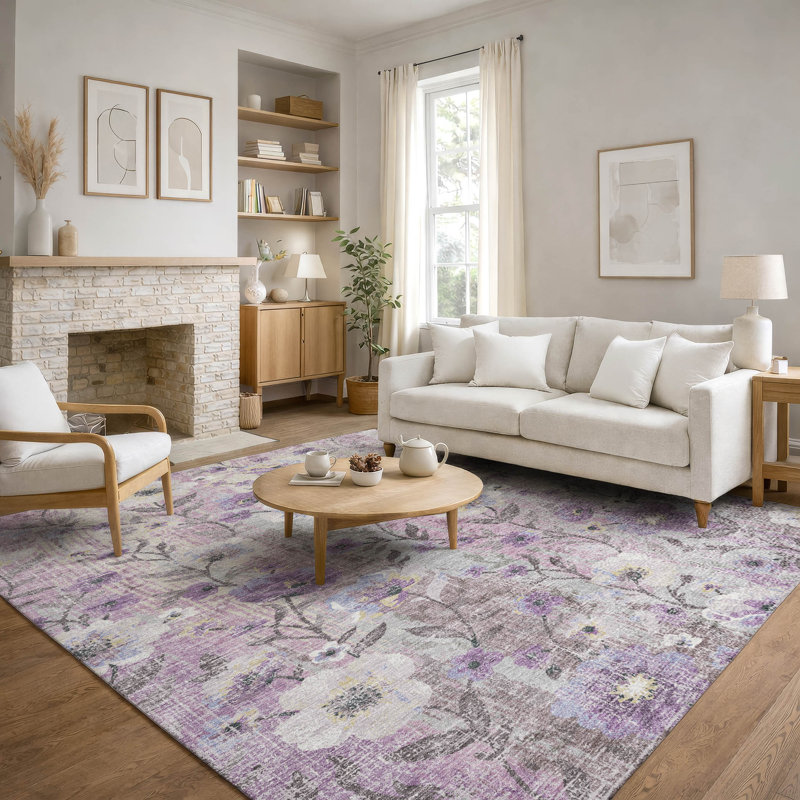 Tapis floral lavable à la machine de qualité supérieure AMF2403, Lilas, 10 pi x 14 pi
