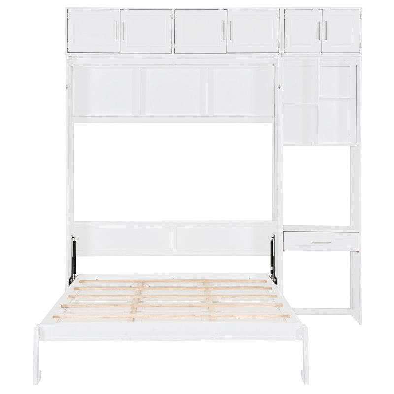 Lit escamotable mural avec bureau, armoire supérieure et tablettes de rangement, lit pliable peu encombrant, Blanc, Grand
