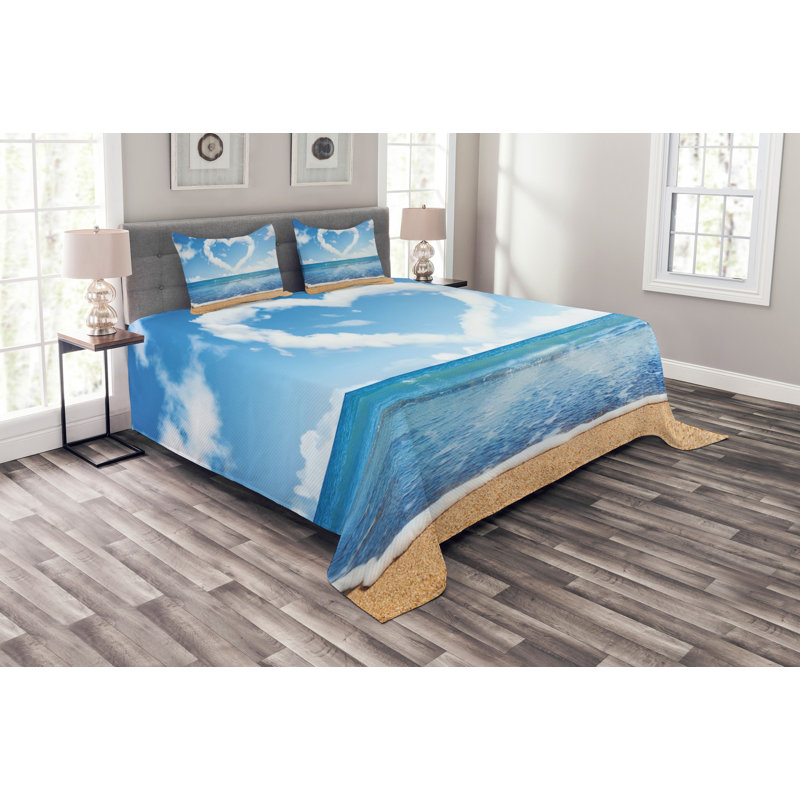 Clouds in Clear Blue Sky Forming a Heart Shape Romantic Beach Bedspread Set, 220 x 264 cm
