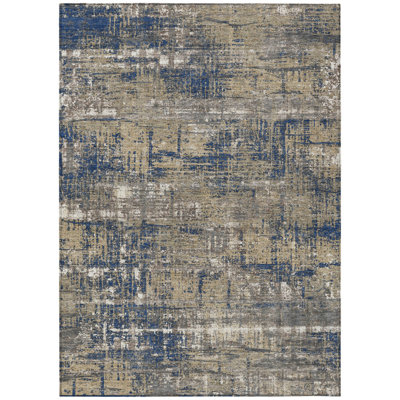 3' X 5' Navy Blue And Beige Geometric Washable Indoor Outdoor Area Rug