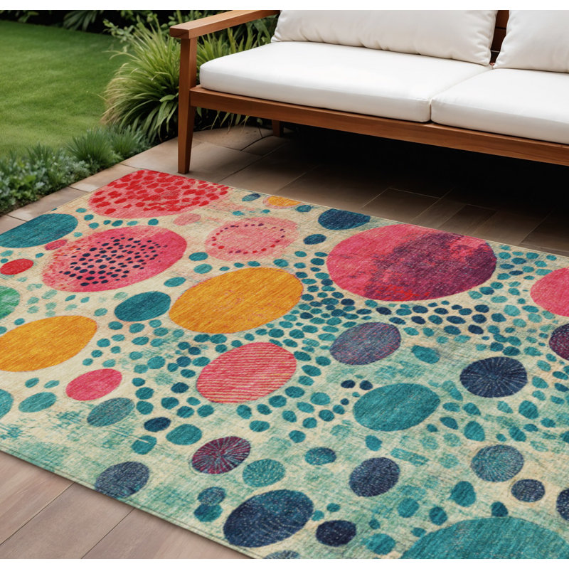 Tapis extérieur lavable à motif géométrique bleu sarcelle et orange 10 pi x 14 pi bleu sarcelle