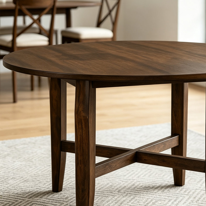 Table de salle à manger ronde Kendric de style ferme moderne, 119 cm (47 po), en bois massif – Finition bois vintage neutre, pieds fuselés en bois avec renfort en X, table de petit-déjeuner, disponible en 2 couleurs