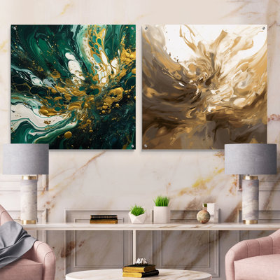 Encre de sarcelle dorée sur pierre - ensemble abstrait d'art mural en acrylique sur verre